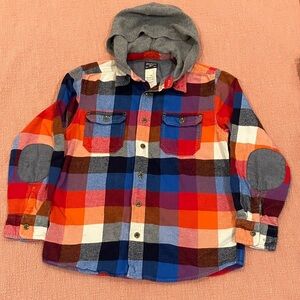 Multicolor Plaid Button Down Shirt with Hood